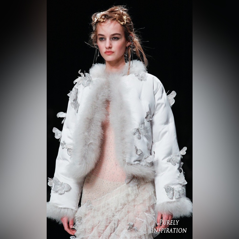 Rare runway 2016 silver pearl embroidered butterfly fur coat — Naomi Campbell